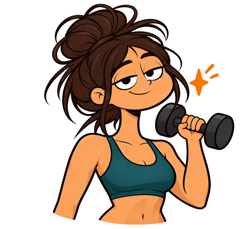 Estella, your illustrated gym buddy, holding a dumbbell